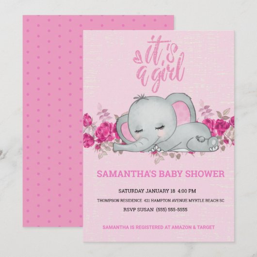 かわいい女の子 赤ちゃん象 ねている 花 ピンク 招待状 (正面/裏面)