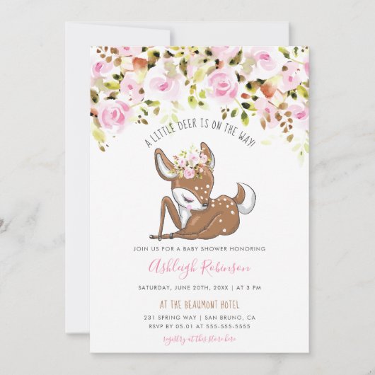 かわいい女の赤ちゃんのシカ及び種族の花のベビーシャワー 招待状 (正面)