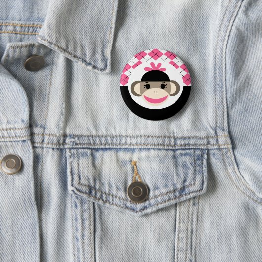 かわいい女の赤ちゃんのソックス猿のピンクの黒のアーガイル 缶バッジ (インサイチュ)
