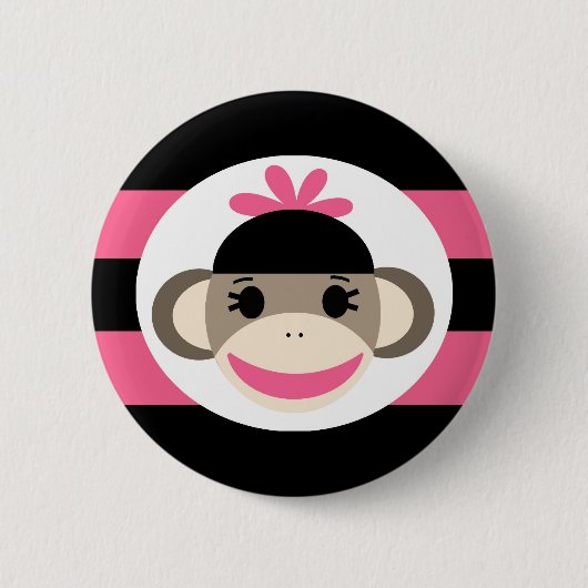 かわいい女の赤ちゃんのソックス猿の黒のピンクのストライプ 缶バッジ (正面)