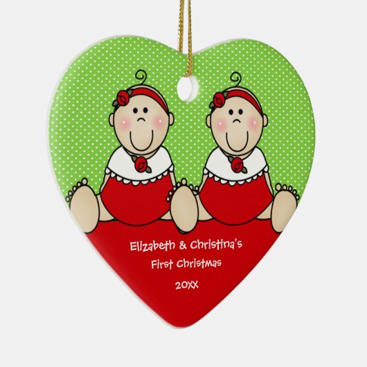 かわいい女の赤ちゃんの双生児の初めてのクリスマスのオーナメント セラミックオーナメント (右)