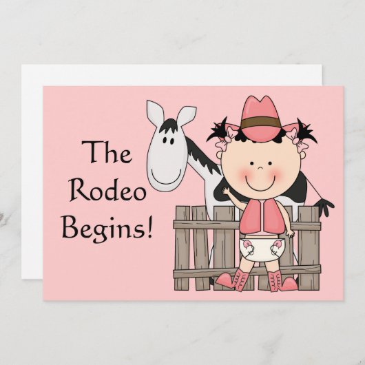 かわいい女の赤ちゃん及び馬の子馬のカスタムな西部の誕生 案内状 (正面/裏面)