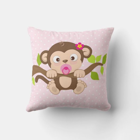 かわいい女の赤ちゃん猿のピンクの水玉模様の装飾用クッション クッション (裏面)