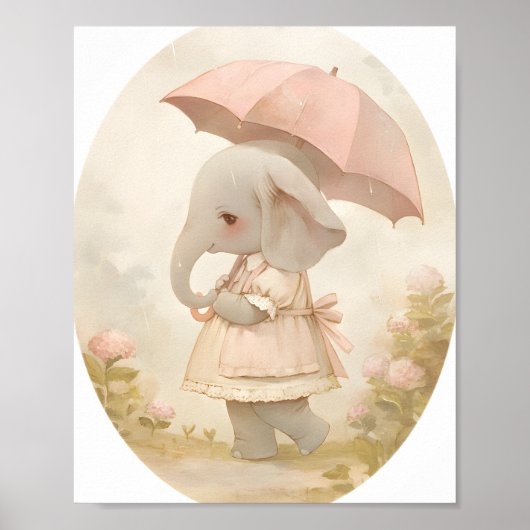 かわいい女の赤ちゃん象の雨の保育園の壁のアート ポスター (正面)