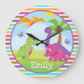 かわいい女カラフルの子の恐竜の友達の子供 ラージ壁時計 (正面)