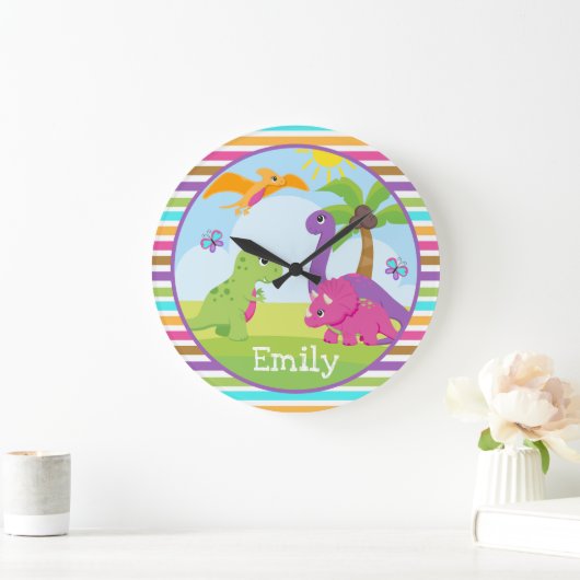 かわいい女カラフルの子の恐竜の友達の子供 ラージ壁時計 (ホーム)