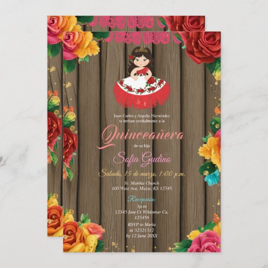 かわいい女カラフルの花ウッドキ素朴ンセアニラ 招待状 (正面/裏面)