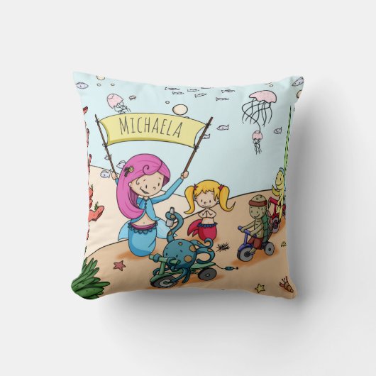 かわいい女パーソナライズされたの子の人魚 クッション (正面)