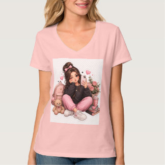 かわいい女子セルフィーステッカーTシャツデザイン Tシャツ