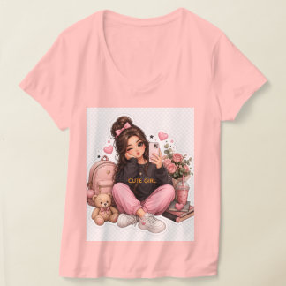 かわいい女子セルフィー ステッカーTシャツ デザイン Tシャツ