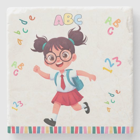 かわいい女子学生のABC 123 学習イラスト ストーンコースター (正面)
