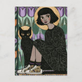 かわいい女性が猫と座っています ポストカード (正面)