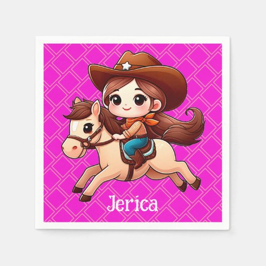かわいい女性のカーボーイと馬の西ピンク スタンダードカクテルナプキン (正面)