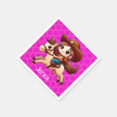 かわいい女性のカーボーイと馬の西ピンク スタンダードカクテルナプキン (角)