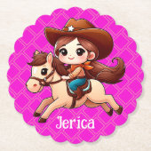 かわいい女性のカーボーイと馬の西ピンク ペーパーコースター (正面)