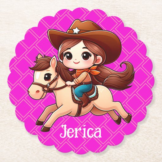かわいい女性のカーボーイと馬の西ピンク ペーパーコースター (正面)