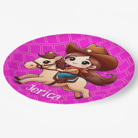 かわいい女性のカーボーイと馬の西ピンク ペーパープレート (アングル)