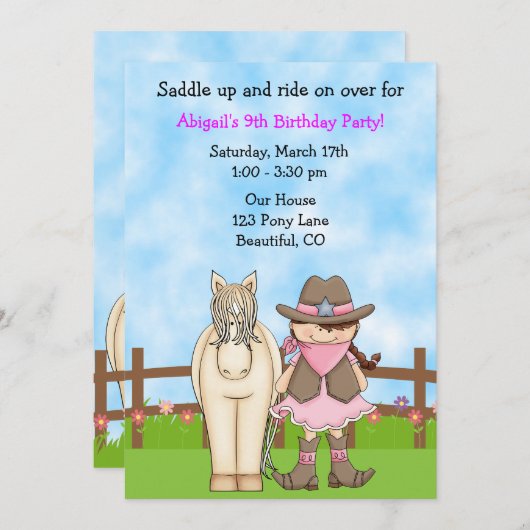 かわいい女性のカーボーイと馬の誕生日招待状 招待状 (正面/裏面)