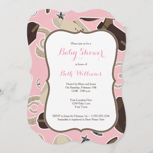 かわいい女性のカーボーイのテーマのベビーシャワーの招待のピンクブラウン 招待状 (正面/裏面)