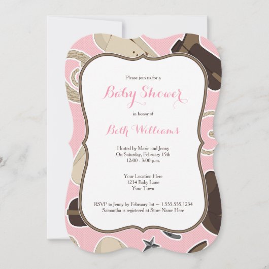 かわいい女性のカーボーイのテーマのベビーシャワーの招待のピンクブラウン 招待状 (正面)