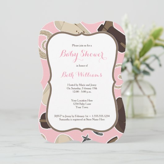 かわいい女性のカーボーイのテーマのベビーシャワーの招待のピンクブラウン 招待状 (スタンド正面)