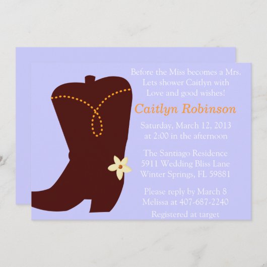 かわいい女性のカーボーイのブーツのブライダルシャワーの招待状 招待状 (正面/裏面)
