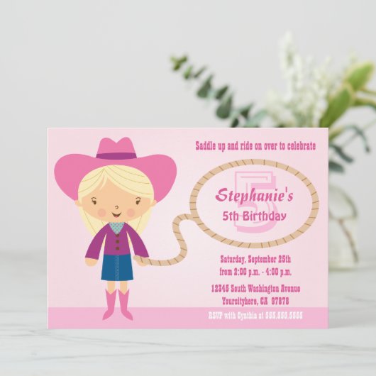 かわいい女性のカーボーイのラッソガールの誕生日パーティー招待状 招待状 (スタンド正面)