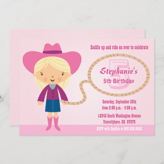 かわいい女性のカーボーイのラッソガールの誕生日パーティー招待状 招待状 (正面/裏面)