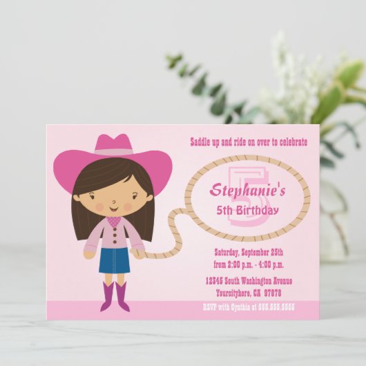 かわいい女性のカーボーイの投げ縄の女の子の誕生会の招待 招待状 (スタンド正面)