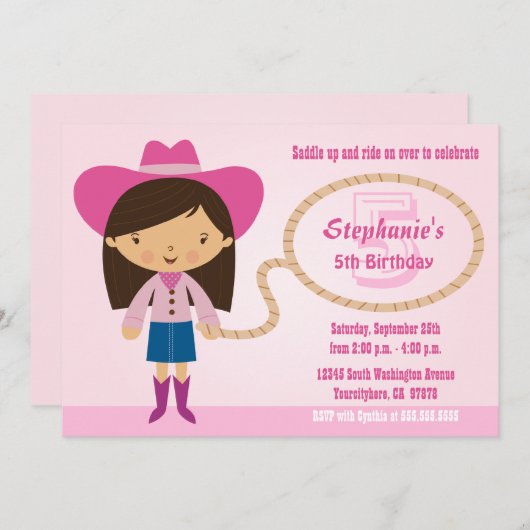 かわいい女性のカーボーイの投げ縄の女の子の誕生会の招待 招待状 (正面/裏面)