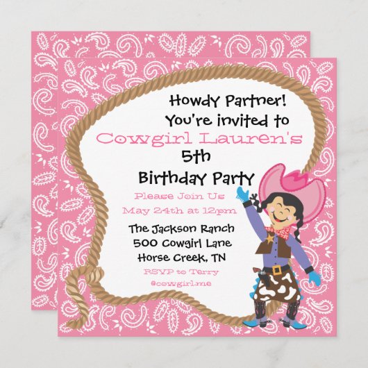 かわいい女性のカーボーイの誕生日パーティーのラッソ招待状カード 招待状 (正面/裏面)