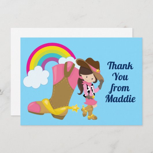 かわいい女性のカーボーイレインボーカントリーウェスタンガールカスタム サンキューカード (正面/裏面)