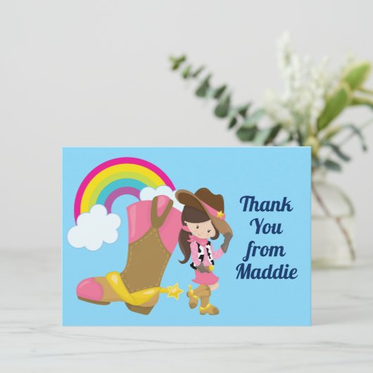 かわいい女性のカーボーイレインボーカントリーウェスタンガールカスタム サンキューカード (スタンド正面)