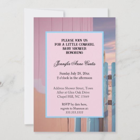 かわいい女性のカーボーイ赤ちゃんシャワーピンク青い動物 招待状 (裏面)