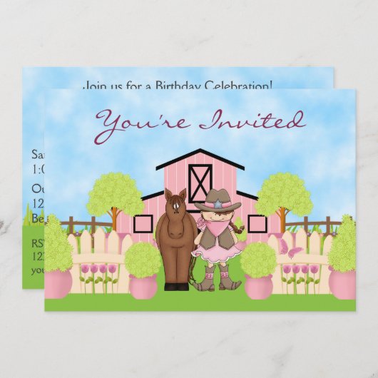 かわいい女性のカーボーイ、ブラウンホースとピンクバーン誕生日 招待状 (正面/裏面)