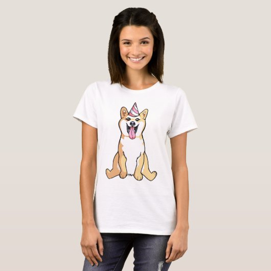 かわいい女性のワイシャツを引いている柴犬犬 Tシャツ (正面フル)