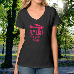 かわいい女性パイロット ピンクの飛行機 ガーリーな航空ファッション Tシャツ