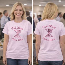 かわいい女性用Tシャツ、フロントとバックにピンクのChi Roキリスト教の十字架がプリントされている Tシャツ