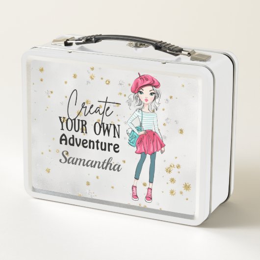 かわいい女性 |独自の作成 |カスタマイズ |グレー メタルランチボックス (裏面)