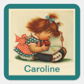 かわいい女読の子が名前シール付きの本 スクエアシール (正面)