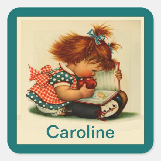 かわいい女読の子が名前シール付きの本 スクエアシール (正面)