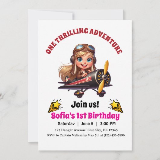 かわいい女飛んでいるの子飛行機、航空第一誕生日 招待状 (正面)