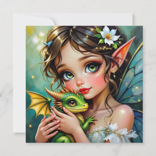 かわいい妖精とドラゴンのテーマの女の子の カード (正面)