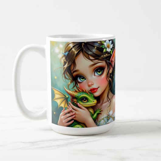 かわいい妖精とドラゴンのテーマの女の子の コーヒーマグカップ (左)