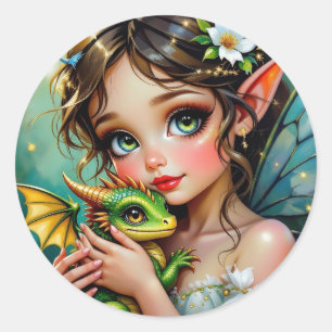 かわいい妖精とドラゴンのテーマの女の子の  ラウンドシール