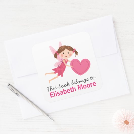 かわいい妖精とピンクのハート子供の蔵書票本 スクエアシール (封筒)