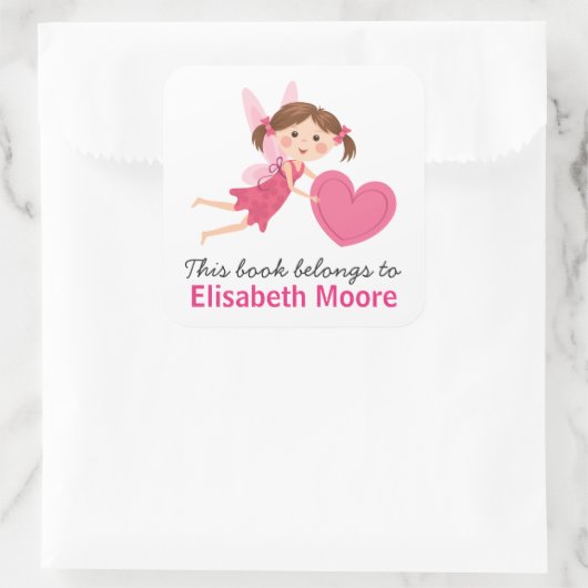 かわいい妖精とピンクのハート子供の蔵書票本 スクエアシール (バッグ)