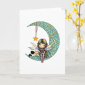 かわいい妖精と2匹の猫ファンシーが月に空白の来る カード (黄色い花)