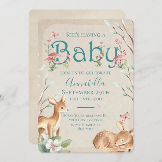 かわいい妖精のガーデンウォーターカラーウッドランドベビー鹿 招待状 (正面/裏面)