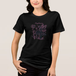 かわいい妖精のキノコと花 ブラック&ピンク トライブレンドTシャツ